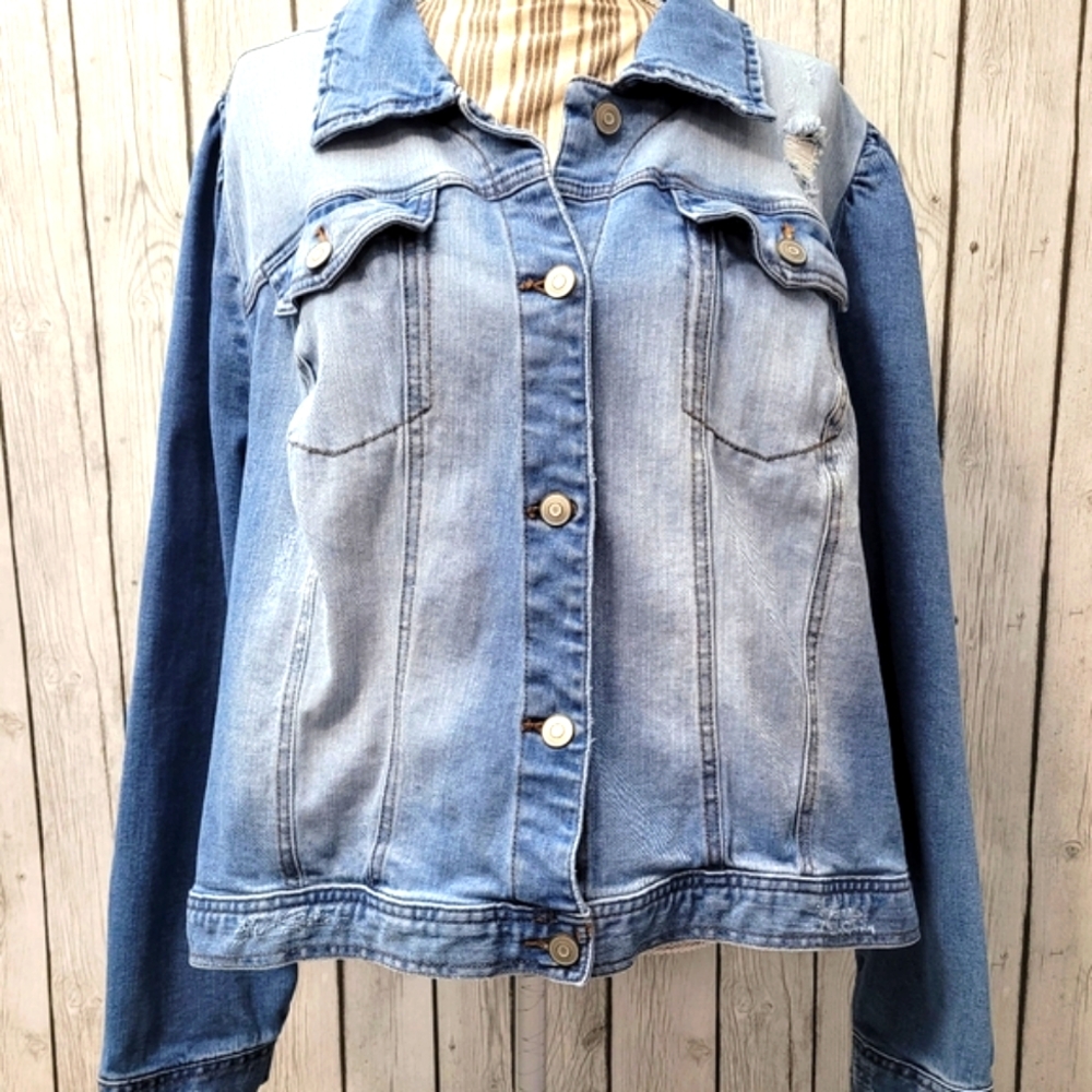 Est. 1946 Denim Distressed Puffy Shoulder Cotton Blend Jacket, Sz 26/28W